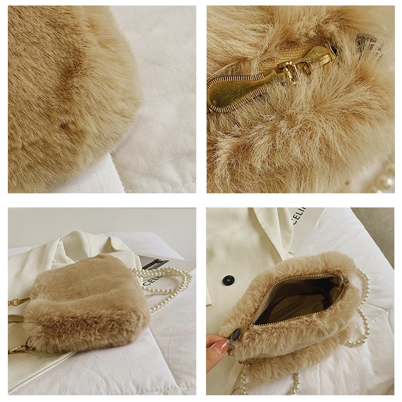 Small Plush Tote Bags For Women 2022 Winter Soft Fluffy Messenger Bag Furry Luxury Designer Handbag Pearl Chain Fur Shoulder Bag