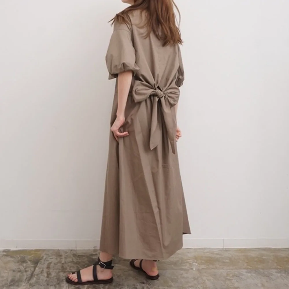 

Dress Women Long 2021 Solid Color Bow On The Back Loose A-line Short Sleeve Japanese Fashion Retro Personality Khaki Spring