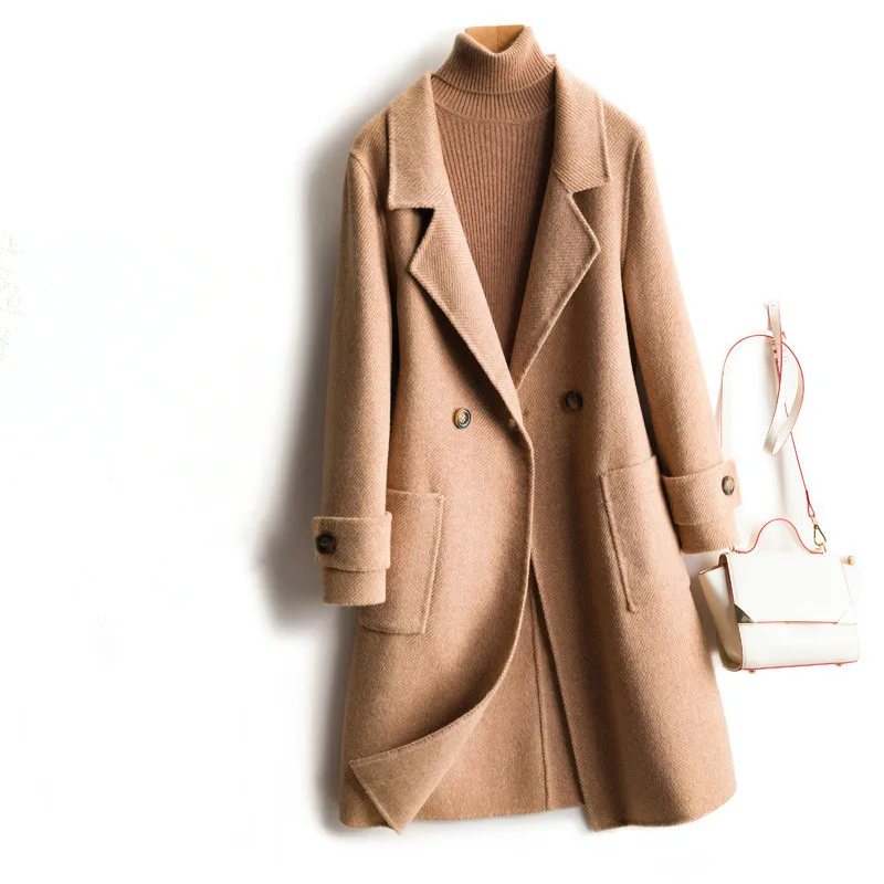 

Autumn Winter Slim Long Double Sided Cashmere Wool Coat Women Overcoat Korean Fashion Big Pocket Long Sleeve Wool Jacket Female