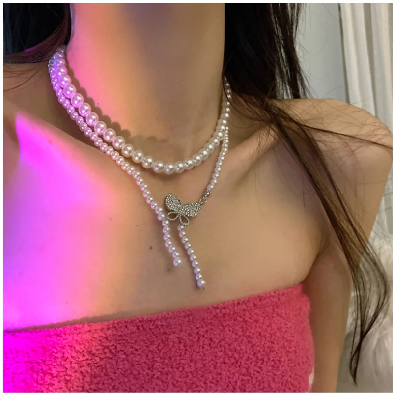 

Delicate Jewelry Butterfly Pendant Necklace Pretty Design High Quality Crystal Simulated Pearl Necklace For Girl Lady Gifts