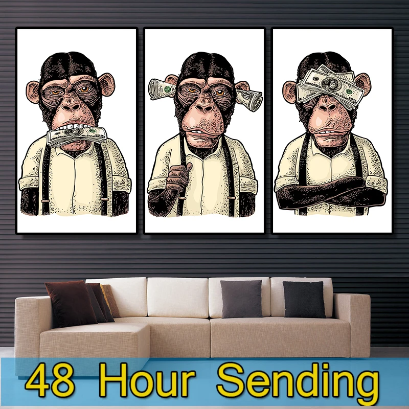 

Canvas Painting Abstracto Art picture HD Modular Chimpanzee and Dollar Animal Poster Living Room Wall Modern Decor Paintings