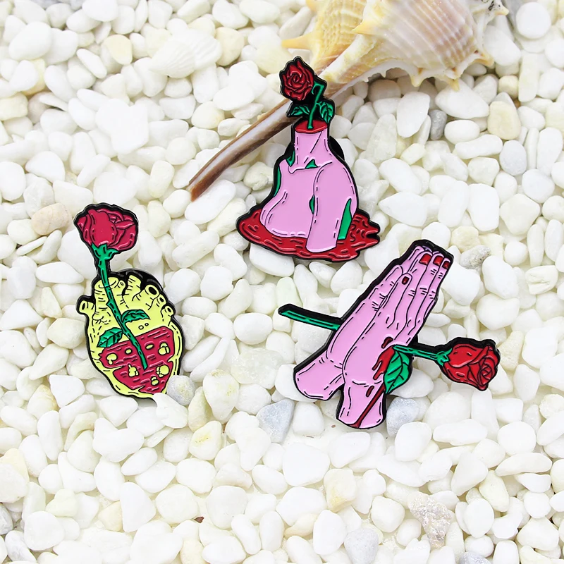 Эмалированная брошь в форме сердца крови розы цветка красная роза прокол обе