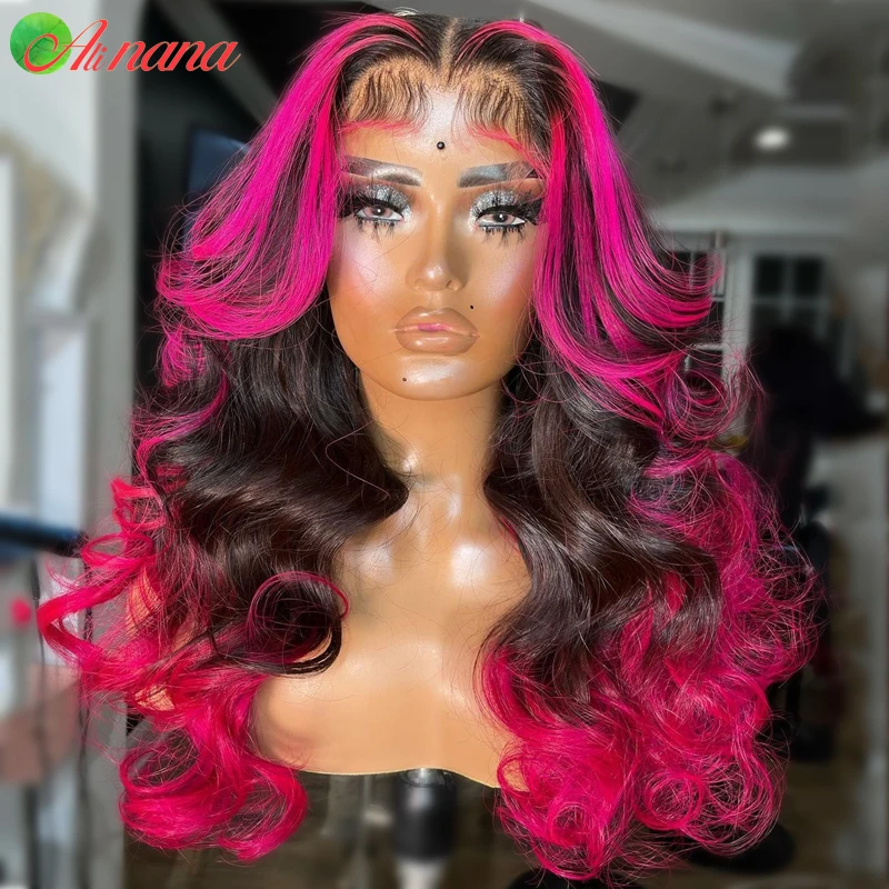 13×4 Lace Frontal Wig For Women Pre-Plucked Transparent Lace Peruvian Body Wave Human Hair Wigs Ombre Pink Color 180% Density