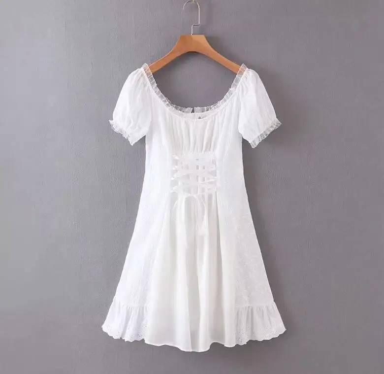 

Short Dress for Woman White French Mini Dresses Holiday 2020 Retro Stitching Wood ears Lace Cross Lacing up Short Sleeve