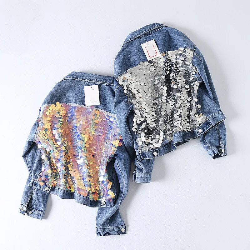 

2021 Spring New Denim Jacket Women Sequins Splice Loose Denim Coats Girls Students High Street Party Short Jeans Coats Female 24