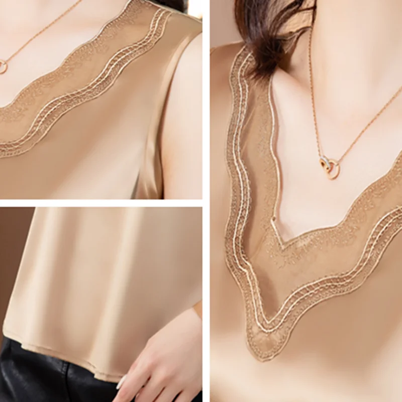 

Korean Women Blouses Shirts Women OL Satin Blouse Tops Woman Lace Hollow Out Shirt Top Plus Size Woman V-neck Embroidery Blouse