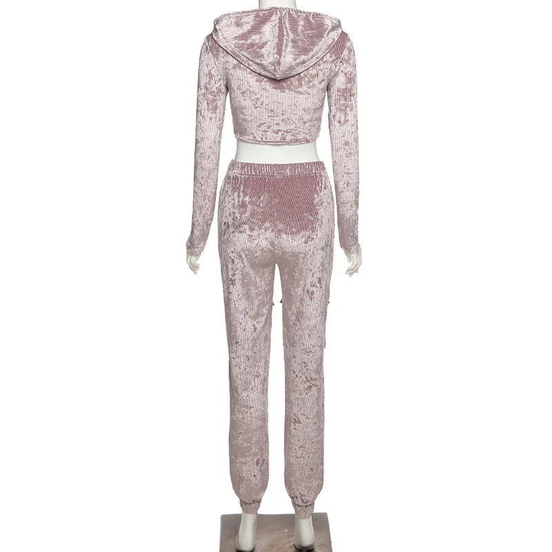 

Two Piece Hoodies Sweatsuits For Women Velvet Tracksuit Irregular Long Sleeve Zipper Crop Jacket and Pants outfits Matching Sets