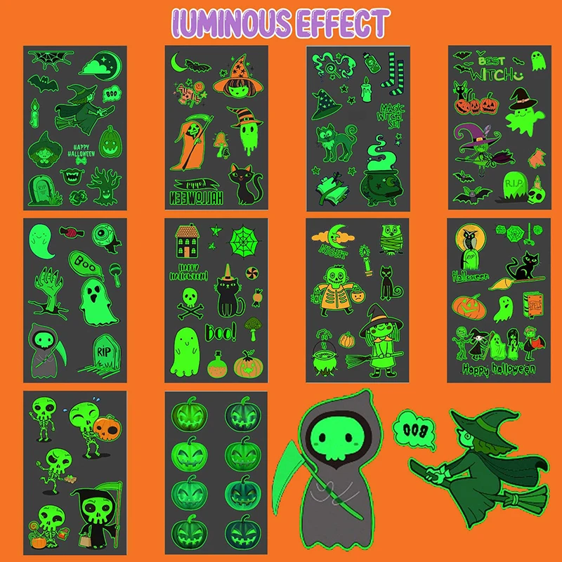 

Halloween Spider Pumpkin Luminou Tattoo Sticker Fluorescent Props Horror Scene Layout Props Face Masquerade Fluorescent Stickers