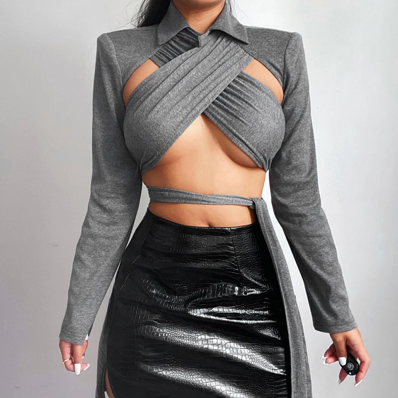 

Женский топ с открытым пупком и открытой спиной, с длинным рукавом