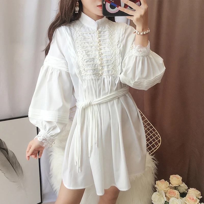 Autumn dress 2019 female very fairy French minority court lantern sleeves loose chiffon nail bead shirt skirt | Женская одежда