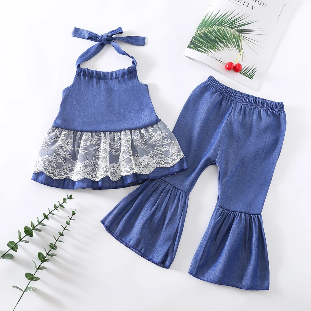 

Summer Toddler Baby Girls Two Pieces Outfits Lace Vest Crop Tops Halter Top Flared Pants Girl Infant Clothing Sets