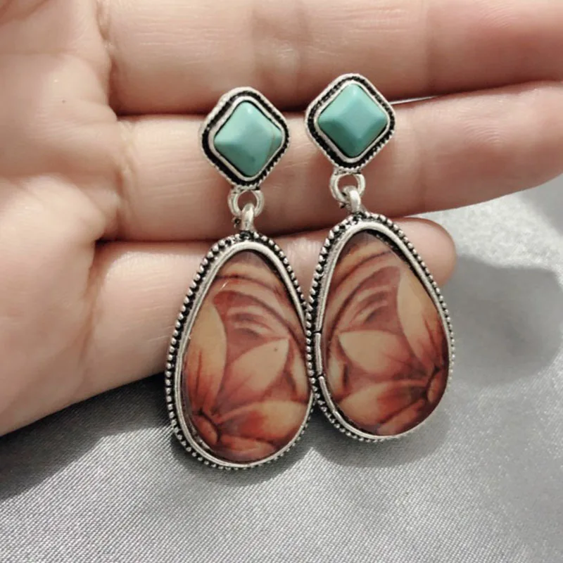 

Vintage Big Water Drop Stone Earrings For Women Tribal Jewelry Turquoises Brown Flower Pattern Long Dangle Earrings