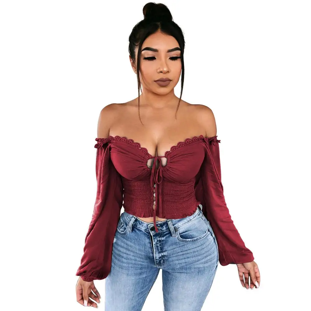 Женская Осенняя однотонная блуза с открытыми плечами v образным вырезом и