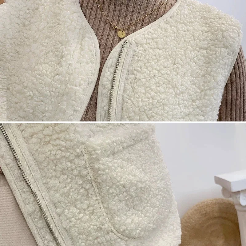 

Vest Waistcoats Women Winter Lambswool Zipper Korean Style Womens Coat Sleeveless All-match Chic Vintage Fashion Elegant Solid