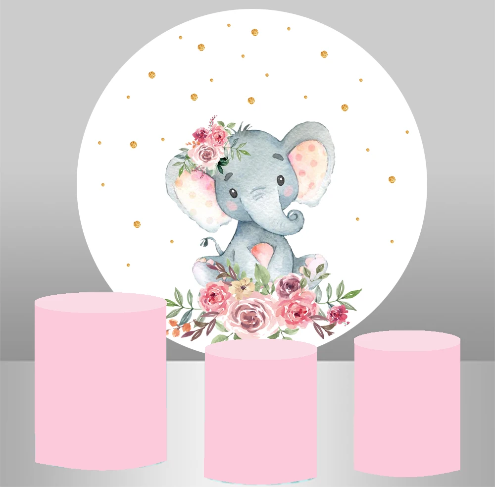 Round Circle Background Birthday Table Party Decoration Baptism Elephant  Baby Shower Elastic Fabric Cylinder Plinths Cover