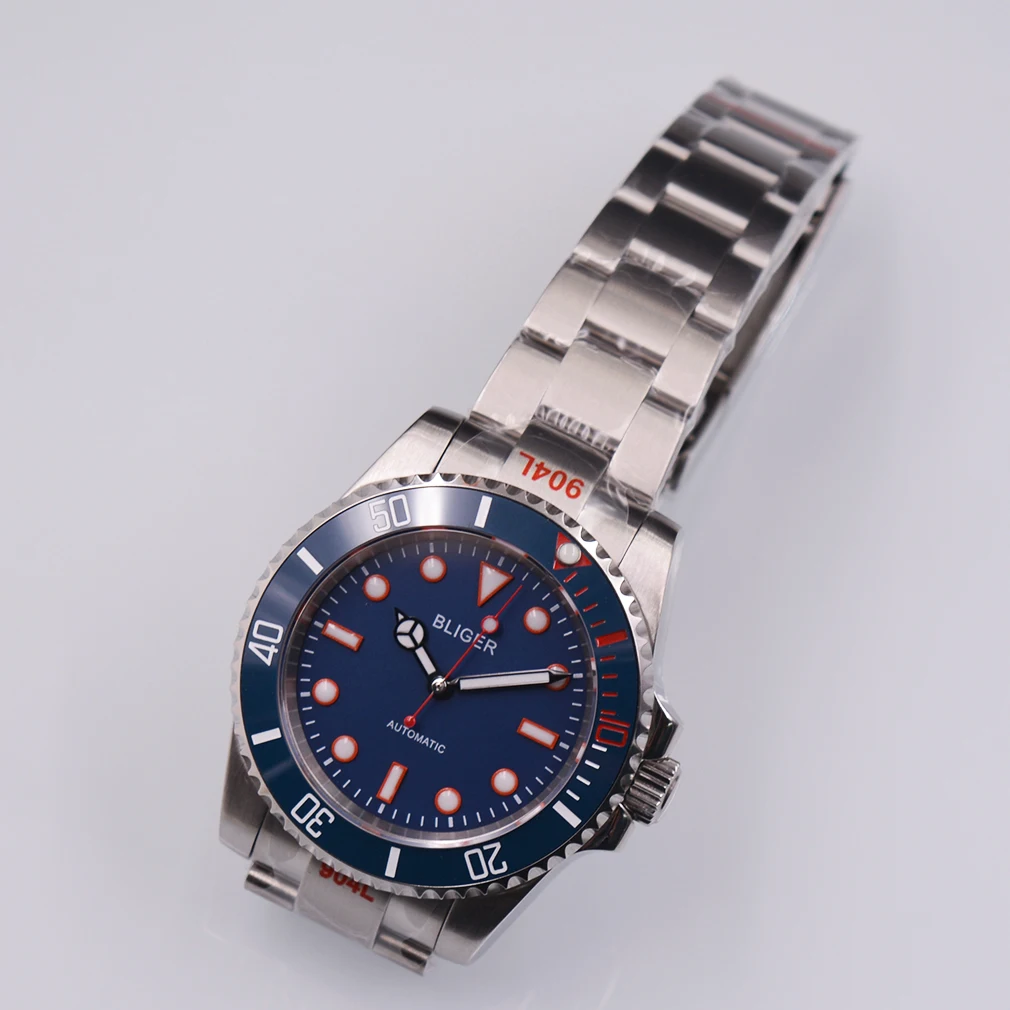 Мужские часы Bliger черно-синий циферблат керамическая рамка сапфировое стекло