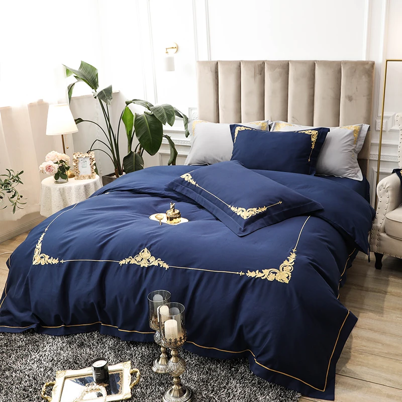 

Luxury Style 60S Long Stapled Embroidery Bed Set Duvet Cover Bed Sheet Pillowcases Solid Royal Blue Pink Red Emerald
