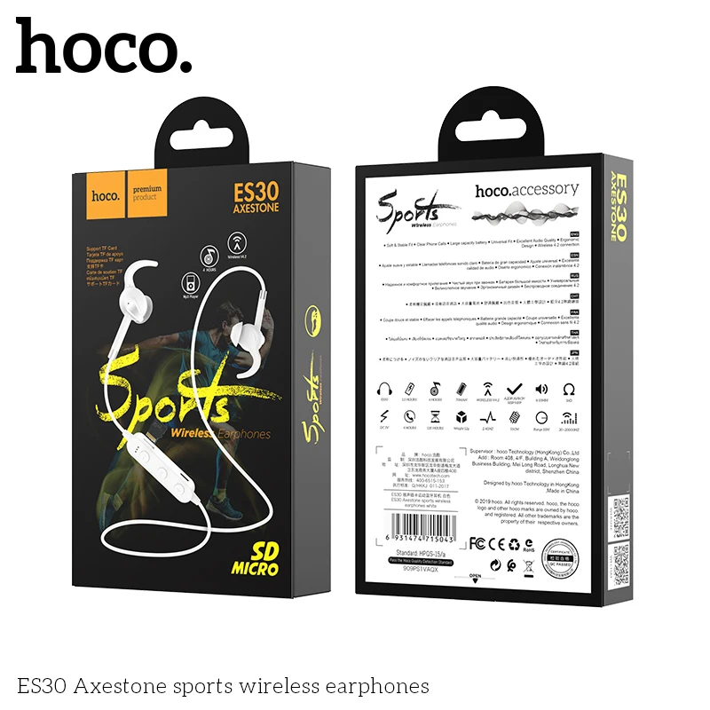 HOCO ES30 Спортивная bluetooth гарнитура поддерживает TF карты беспроводные двойные