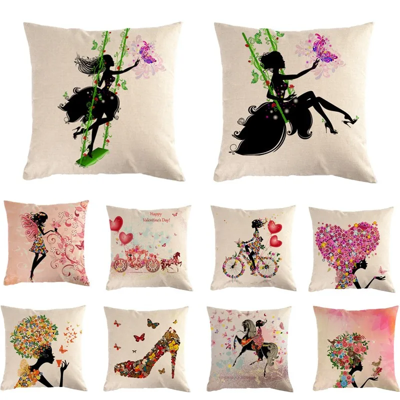 Декоративный чехол для подушки с изображением цветов бабочек девушек хлопковая