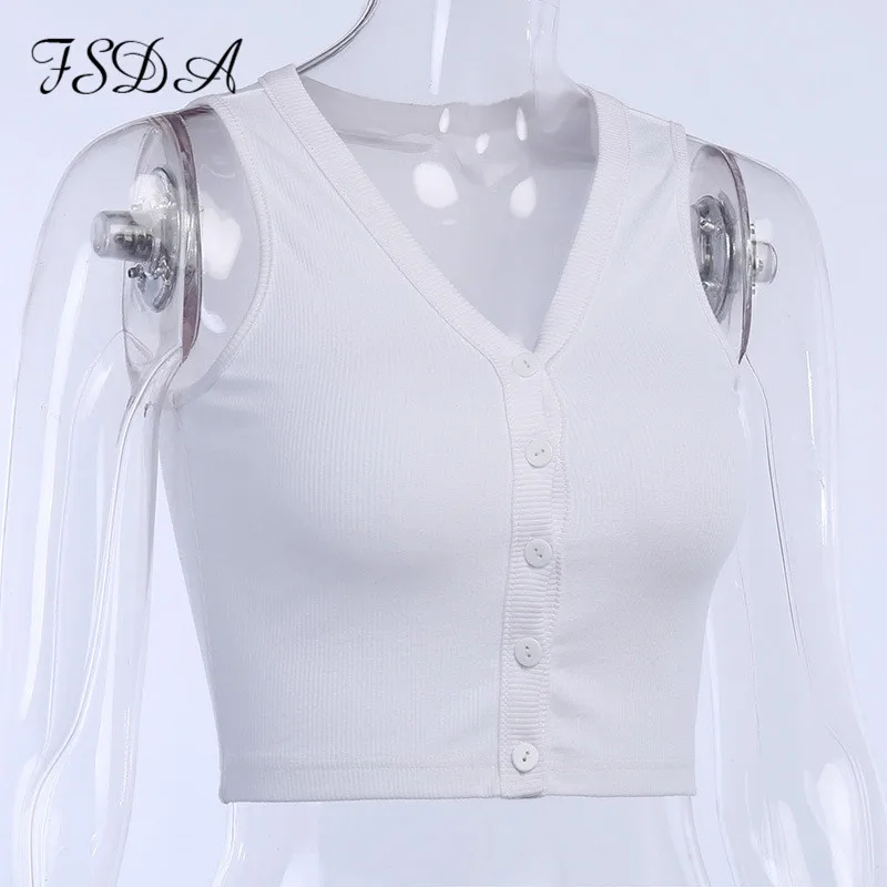 FSDA V Neck Button White Casual Crop Top Women Summer Sleeveless Off Shoulder Sexy Party Tank Knit | Женская одежда