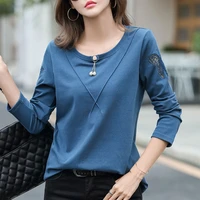 new beaded bow collar sleeve embroidery t shirt women cotton hollow out tee shirt femme long sleeve t shirt lady tops