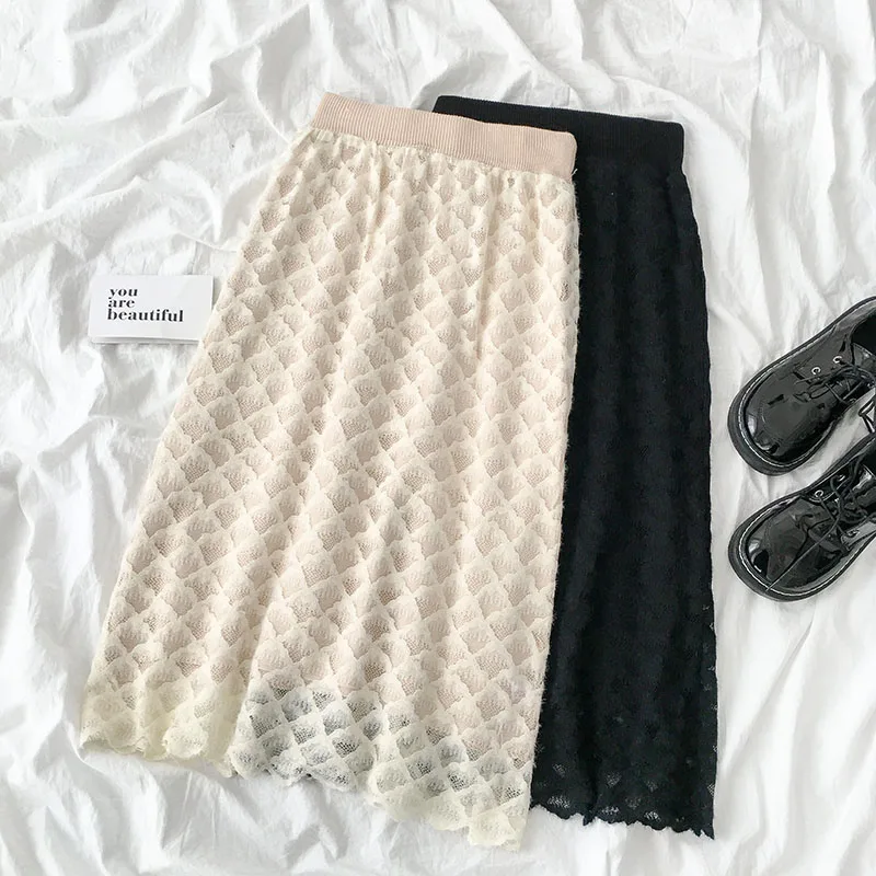 

Women Lace Knitted Double Wearing Skirt 2020 New High Waist Double Wearing Sweater Lace Long Skirt beige Black Skirt Jupe P-403