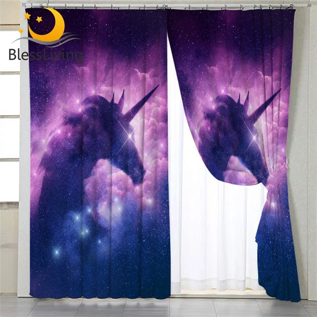 BlessLiving Galaxy Unicorn Grommet Curtain Purple Blue Window Curtain Girly Living Room Curtains Blackout 107x213cm Drop Ship 1