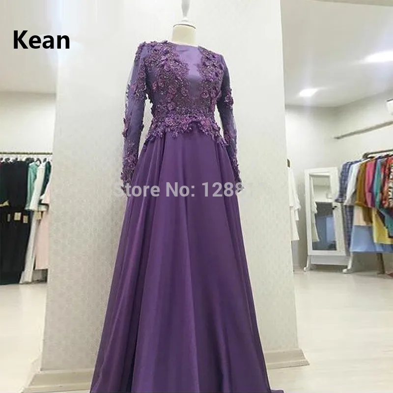 

Purple Muslim Evening Dress Full Sleeve Lace Flower vestido de festa Islamic Dubai Kaftan Saudi Arabic Evening Gown Prom Dress