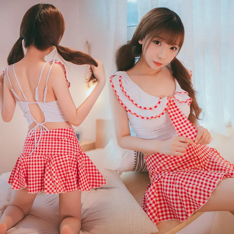 

Grid Printed Lingerie Set Ruffles Trim LOLI Kawaii Cute School Girl Uniform Outfit sexy Exotic Sets