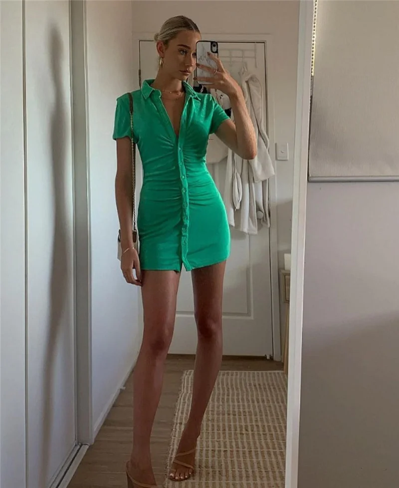 

Fashion Women Bodycon Slim Knit Sheath Dress Ruched Button Down Solid Color Short Sleeve Lapel Mini Dress