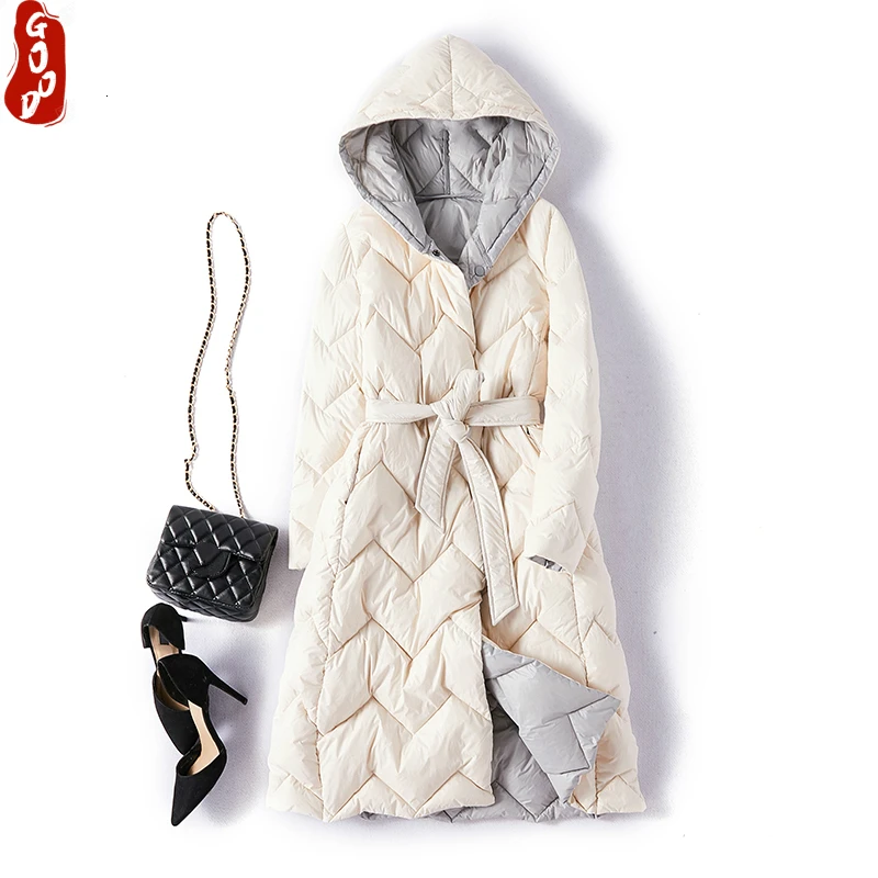 

Женский длинный пуховик на белом утином пуху, с капюшоном