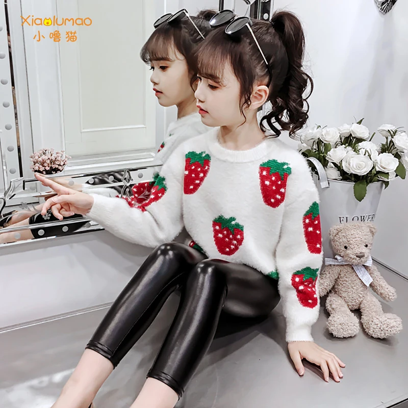

Sweater for girls kids girl winter clothes for girl strawberry knitted sweaters pink Children High Elastic Round neck tops