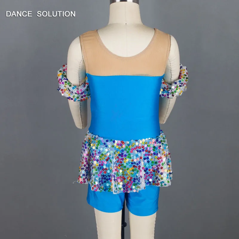 Синий лиф из спандекса с разноцветными блестками и трико юбкой Sparking танцевальная