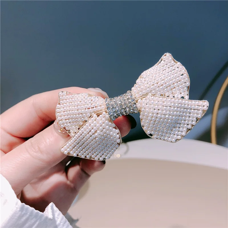 

full pearl hairpin hair accessories sweet temperament bow hairpin spring clip hair accessories alloy inlaid rhinestone hairpin