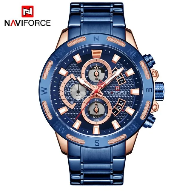 blue NAVIFORCE водонепроницаемые мужские часы из нержавеющей стали Кварцевые часы мужские Хронограф военные часы наручные часы Relogio Masculino - Цвет: blue