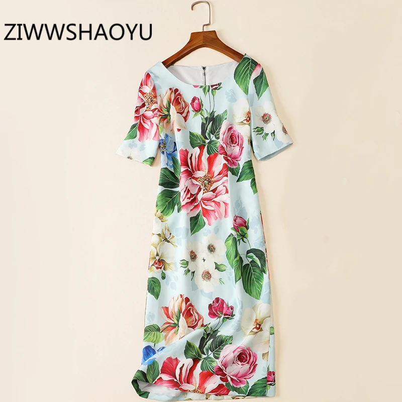 

ZIWWSHAOYU Summer Female Vintage Party Midi Dresses Runway Designer Women Floral Print Short Sleeve Elegant Pencil Dress 2020