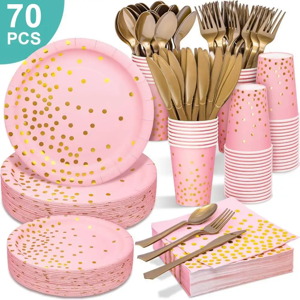 

Disposable Dinnerware Bronzing 70PCS Paper Plates Dishes Napkins Cups Birthday Party Tableware Wedding Baby Shower