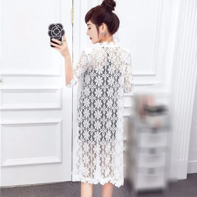 

Woman's Cardigan Tops Summer Female Hollow Out Lace Floral Crochet Long Sleeve Thin Long Plus Size Cardigan Top