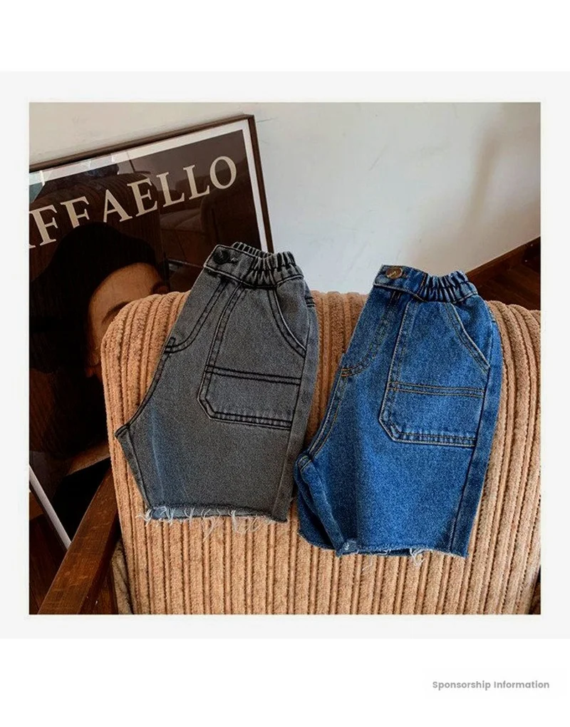 

Children solid color casual denim shorts summer boys and girls loose pockets aall-match shorts 2-7Y