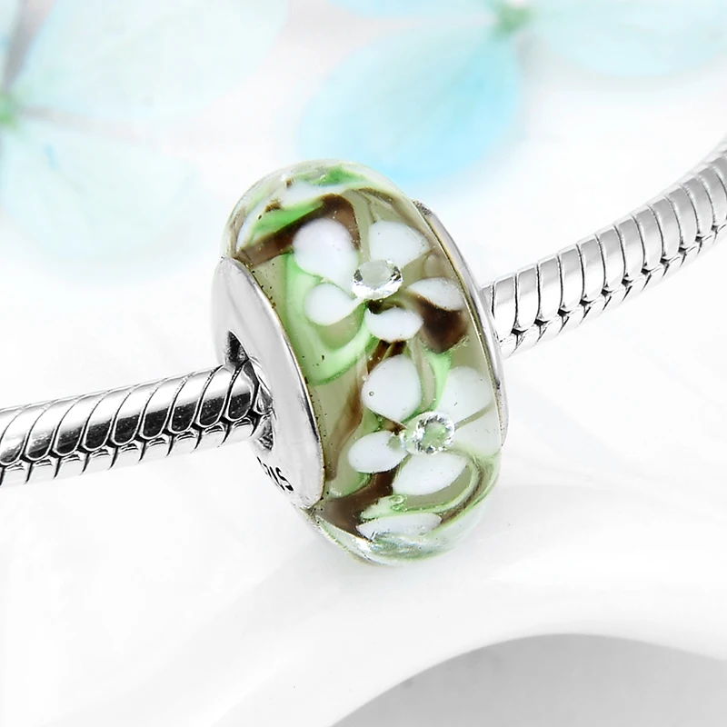 Silver 925 Poetic Green white Flower Murano Glass Beads Fit Original European Bracelet Charms Fashion Jewelry | Украшения и