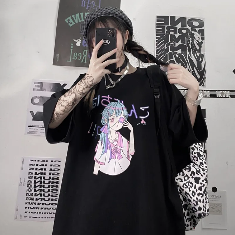 Женская рубашка с коротким рукавом свободная Студенческая футболка круглым