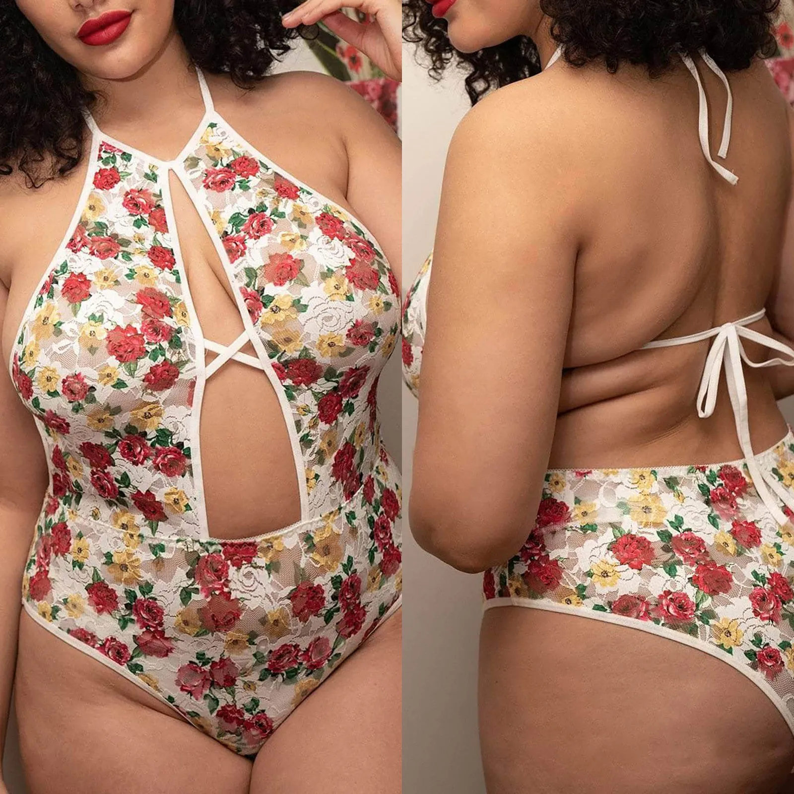 

New Women Lace rose print one-piece sexy Lingerie Underwear Teddy Bodysuit Jumpsuit Sleepwear Embroidery Ladies encería