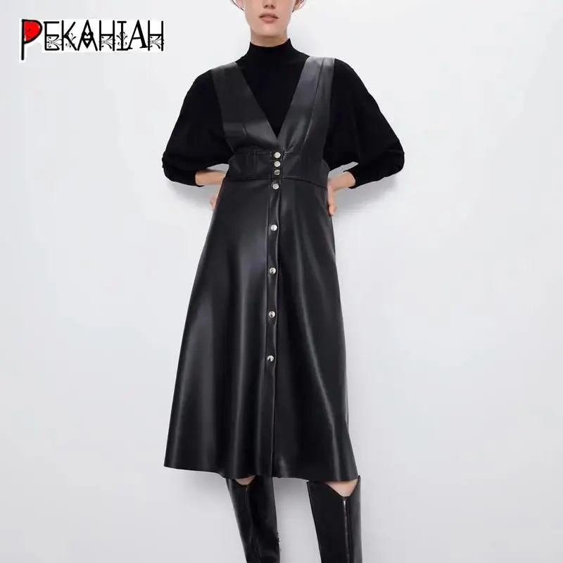 Осеннее платье без рукавов из искусственной кожи женское сексуальное черное