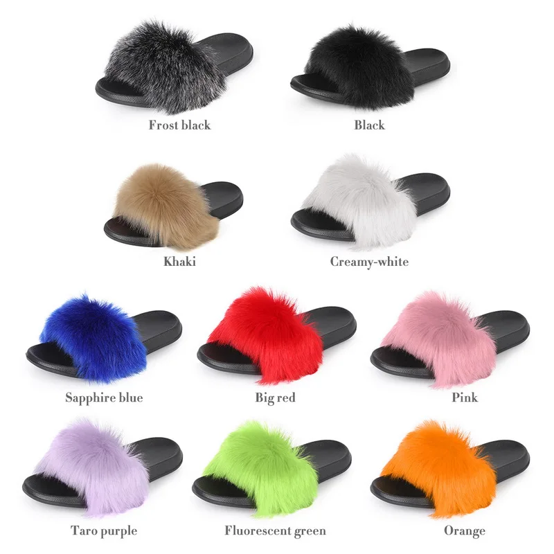 

Women Summer Casual Fluffy Slippers With Fur Flat Non-Slip Real Fox Fur Furry Slides Large Size Shoes Fur Sandals