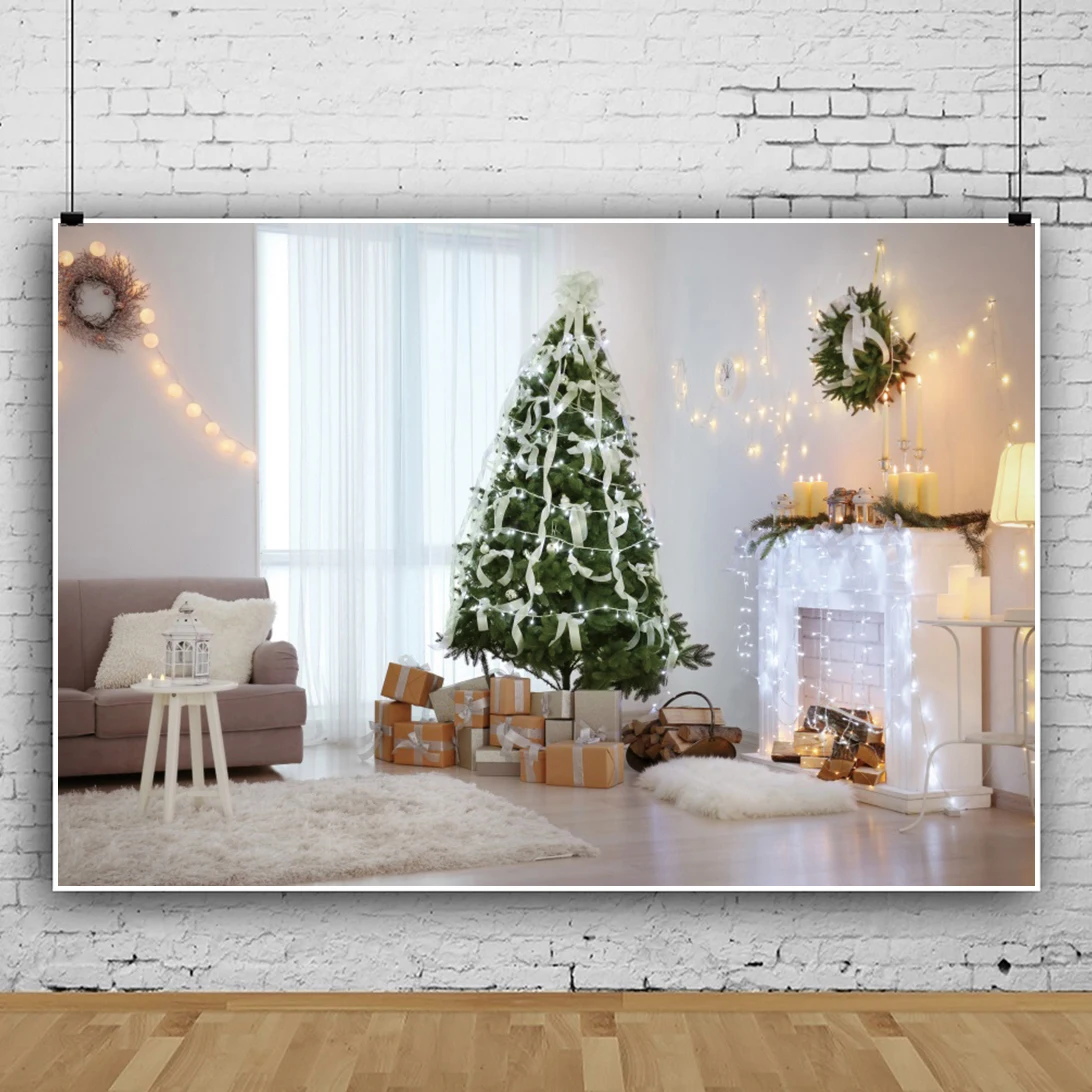 

Laeacco Christmas Festival Tree Interior Scene French Window White Fireplace Gift Background Baby Photography Photo Backdrops