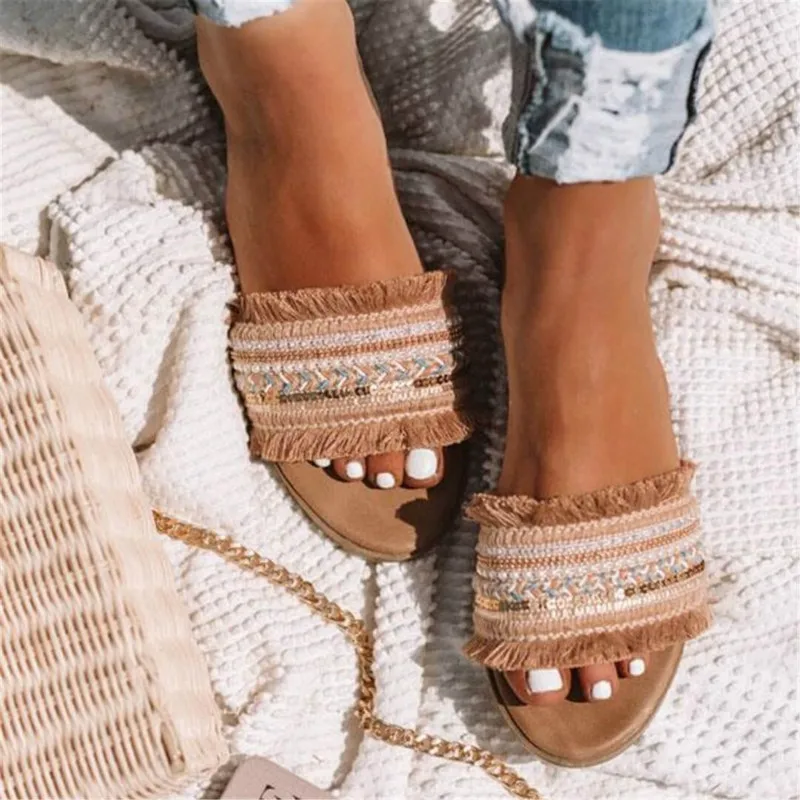 

Fashion Women Fringe Female Slippers Large Size Flat with National Style Laides Slides Slip on Breathable Mules Leisure Shoes
