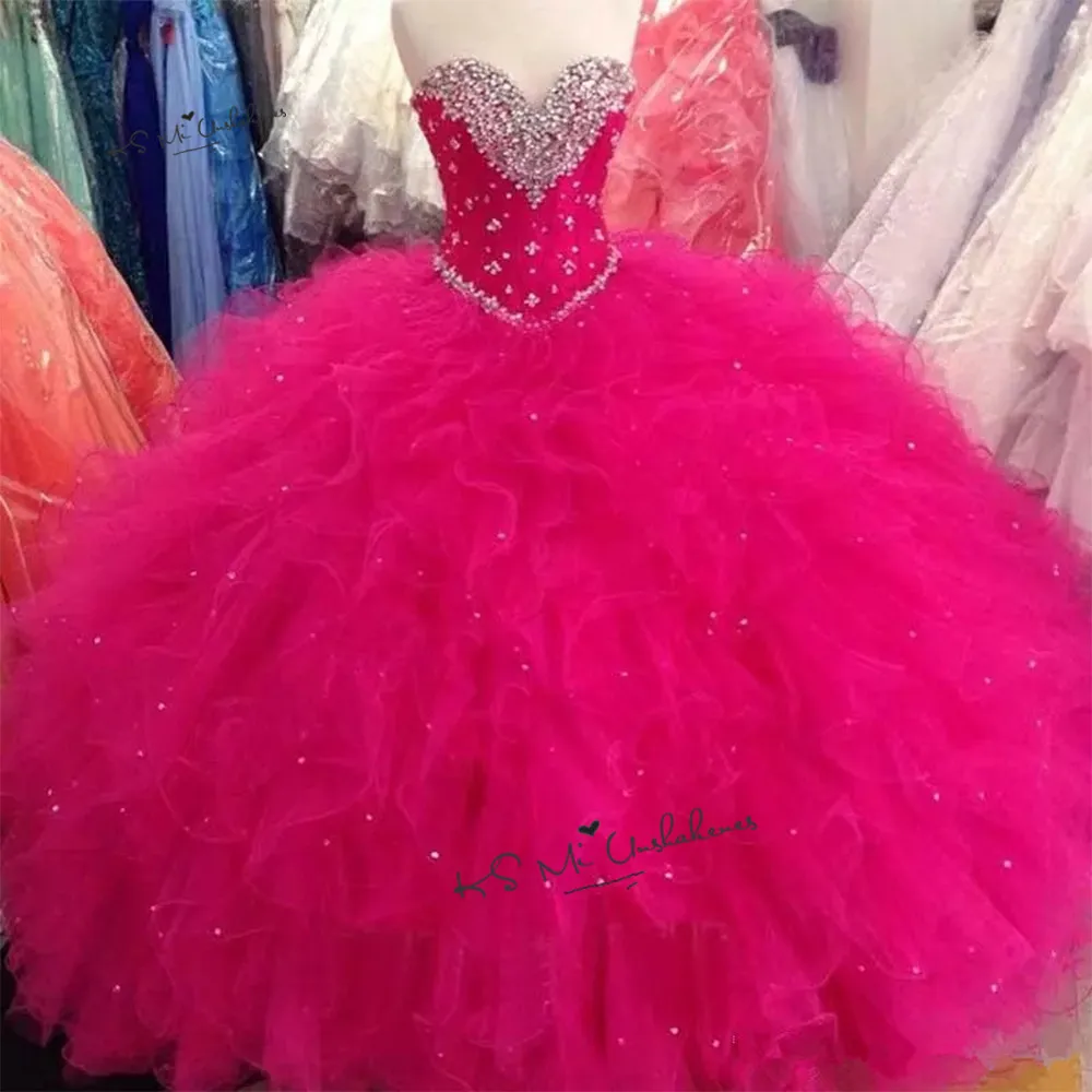 

Sweet 16 Dresses Fushcia Ruffles Beads Sparky Cheap Quinceanera Dress Ball Gown Sweetheart Pageant Prom Gown Vestidos de 15 anos