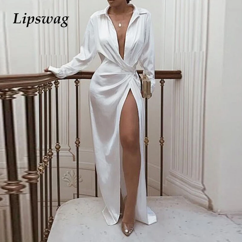 Lipswag осеннее вечернее платье с отложным воротником и длинным рукавом, женское сексуальное платье с высоким разрезом, женское элегантное платье в пол