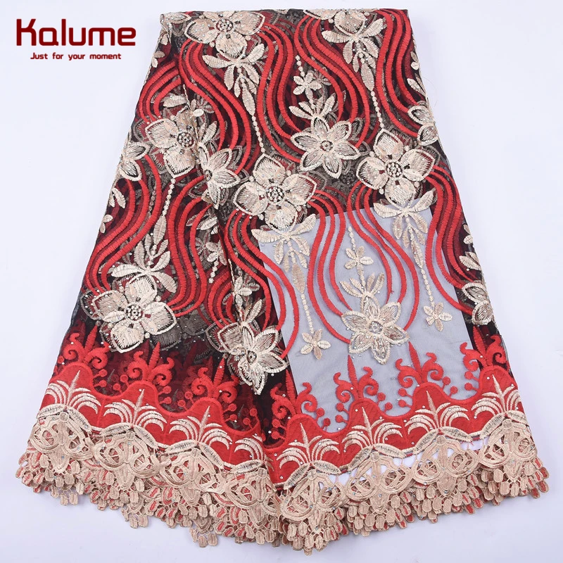 Kalume высокое качество Африканское молочного цвета Шелковое кружево ткань камни