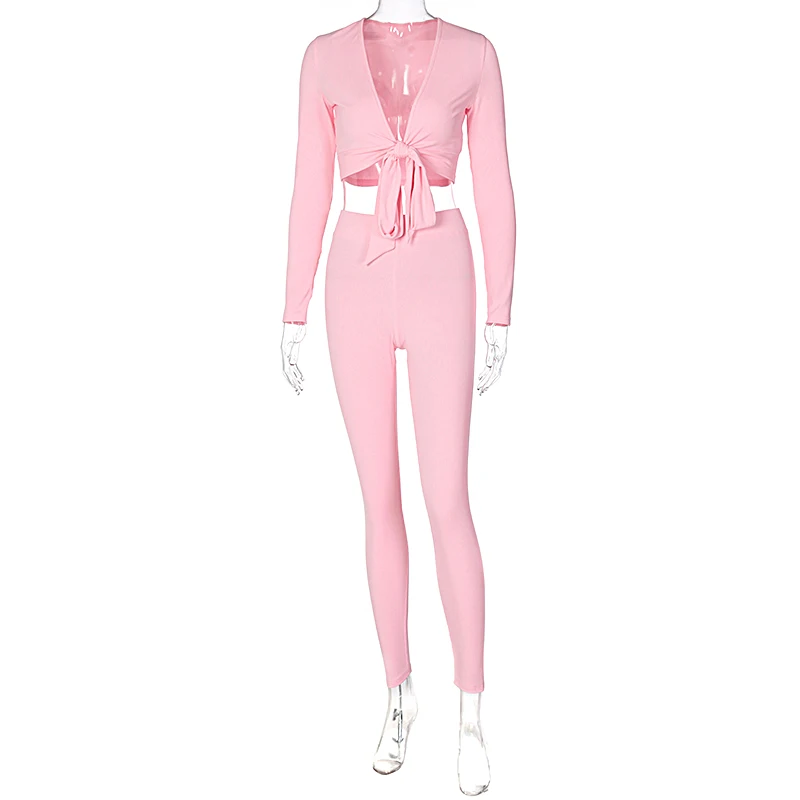 

Cutubly Long Sleeve Women's Set Bandage Crop Top Leggings 2 Piece Set Autumn Women Fashion Streetwear Strethcy Tracksuit